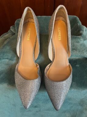 Women’s Express Pumps Silver Glitter Pointed Toe Stiletto Heels Sz. 10 Sparkly
